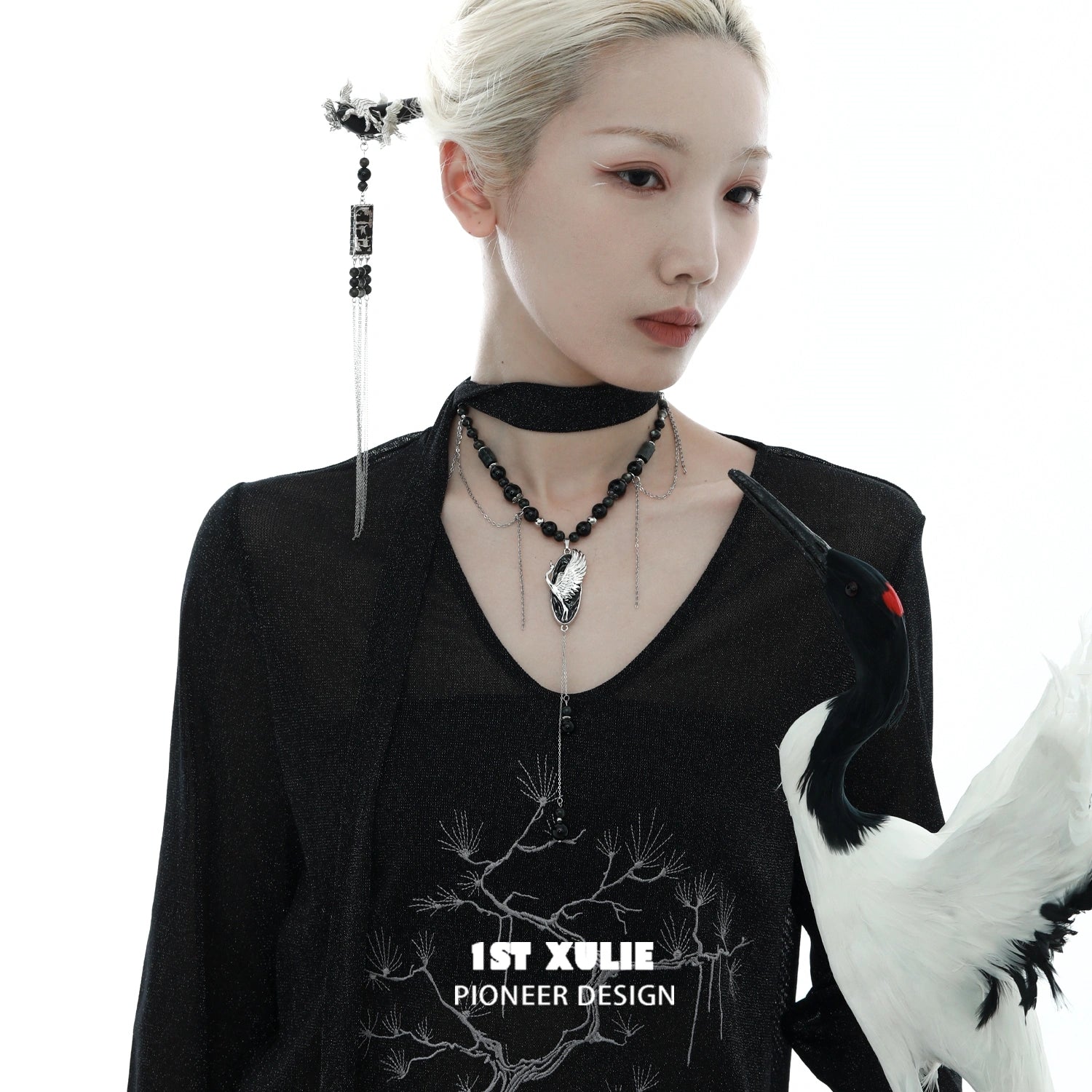 1ST XULIE "Spring Terrace" Chinoiserie Soaring Crane Sandalwood Hairpin in Antique Silver Plated Brass and Sandalwood - Side View 1ST XULIE "Spring Terrace" Chinoiserie Soaring Crane Sandalwood Hairpin in Antique Silver Plated Brass and Sandalwood - Side View