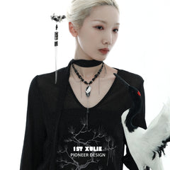 1ST XULIE "Spring Terrace" Chinoiserie Soaring Crane Sandalwood Hairpin in Antique Silver Plated Brass and Sandalwood - Side View