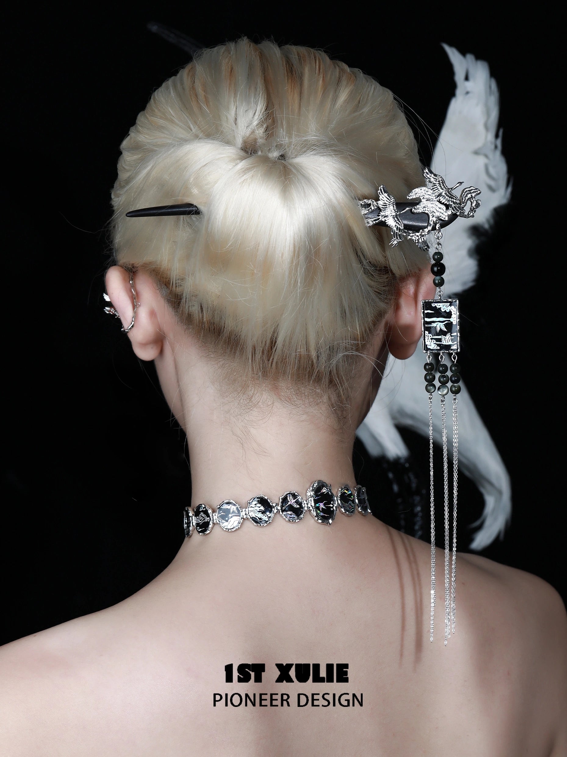 1ST XULIE "Spring Terrace" Chinoiserie Soaring Crane Sandalwood Hairpin in Antique Silver Plated Brass and Sandalwood - Detail Shot 1ST XULIE "Spring Terrace" Chinoiserie Soaring Crane Sandalwood Hairpin in Antique Silver Plated Brass and Sandalwood - Detail Shot
