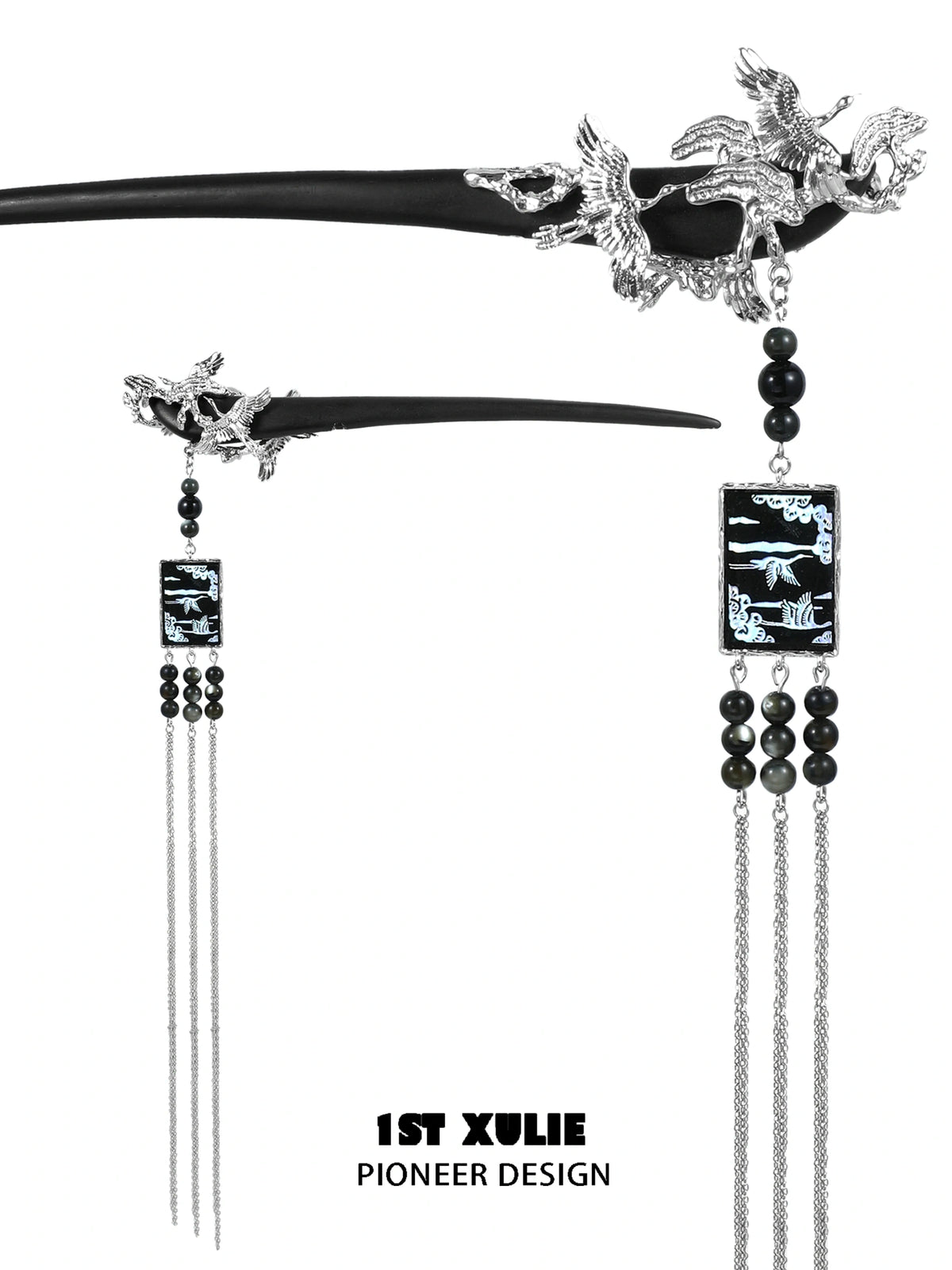 1ST XULIE "Spring Terrace" Chinoiserie Soaring Crane Sandalwood Hairpin in Antique Silver Plated Brass and Sandalwood - Product View