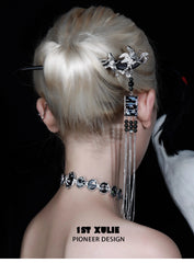 1ST XULIE "Spring Terrace" Chinoiserie Soaring Crane Sandalwood Hairpin in Antique Silver Plated Brass and Sandalwood - Tassel Detail
