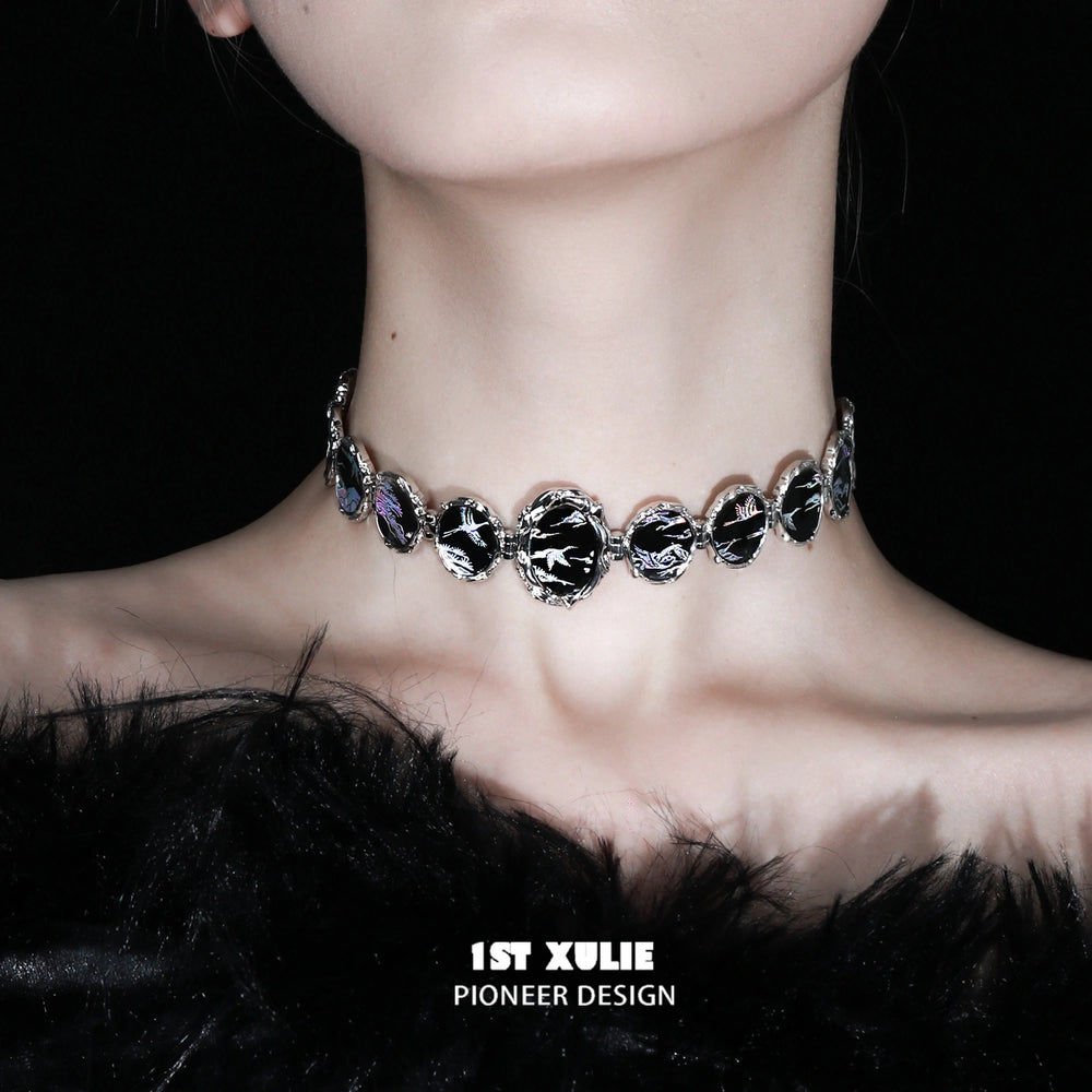 1ST XULIE "Soaring Cranes" Statement Resin Choker Necklace in Platinum Plated - Angled Product View
