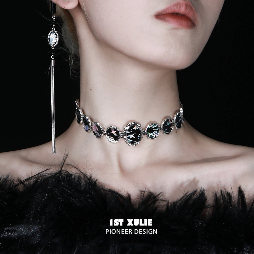 1ST XULIE "Soaring Cranes" Statement Resin Choker Necklace in Platinum Plated - Product View
