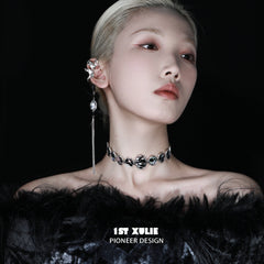 1ST XULIE "Soaring Cranes" Statement Resin Choker Necklace in Platinum Plated - On Model Detail Shot