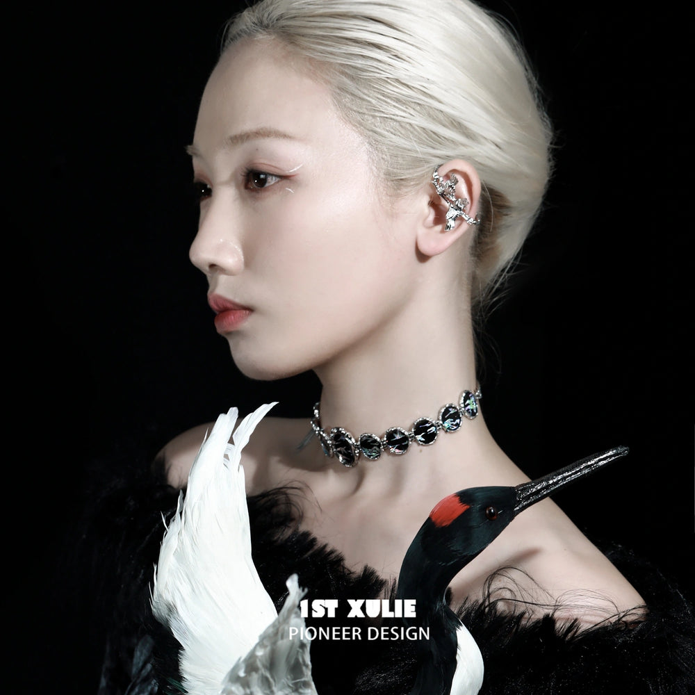 1ST XULIE "Soaring Cranes" Statement Resin Choker Necklace in Platinum Plated - Side View on Model