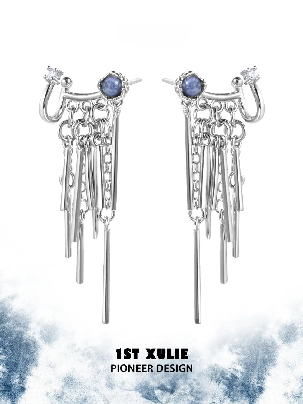 1ST XULIE Jewelry "MIAO" Sodalite Tassel Dangle Earrings in Platinum Plated - Angle 1