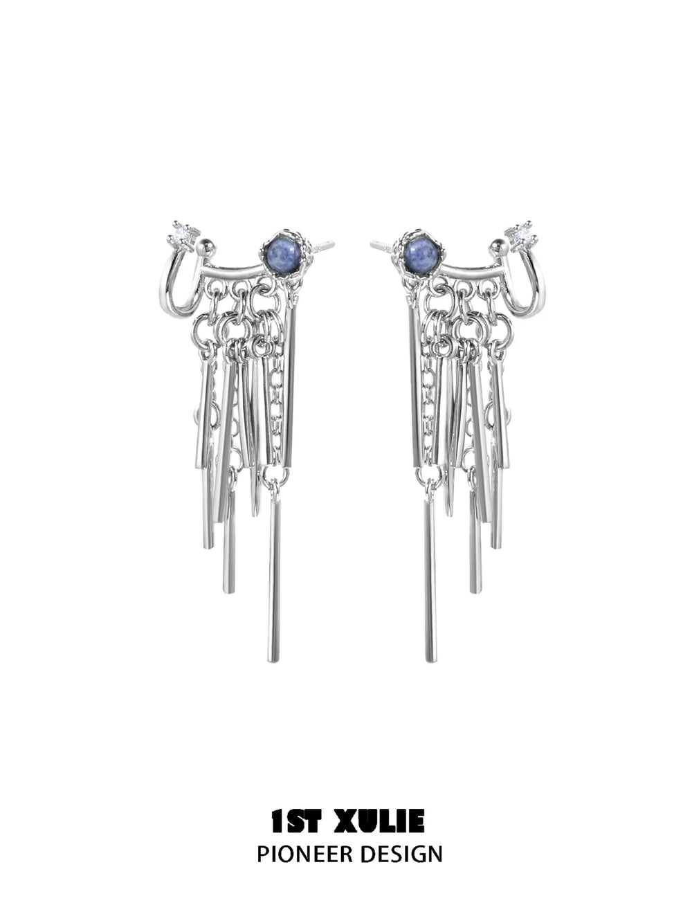 1ST XULIE Jewelry "MIAO" Sodalite Tassel Dangle Earrings in Platinum Plated - Lifestyle Shot