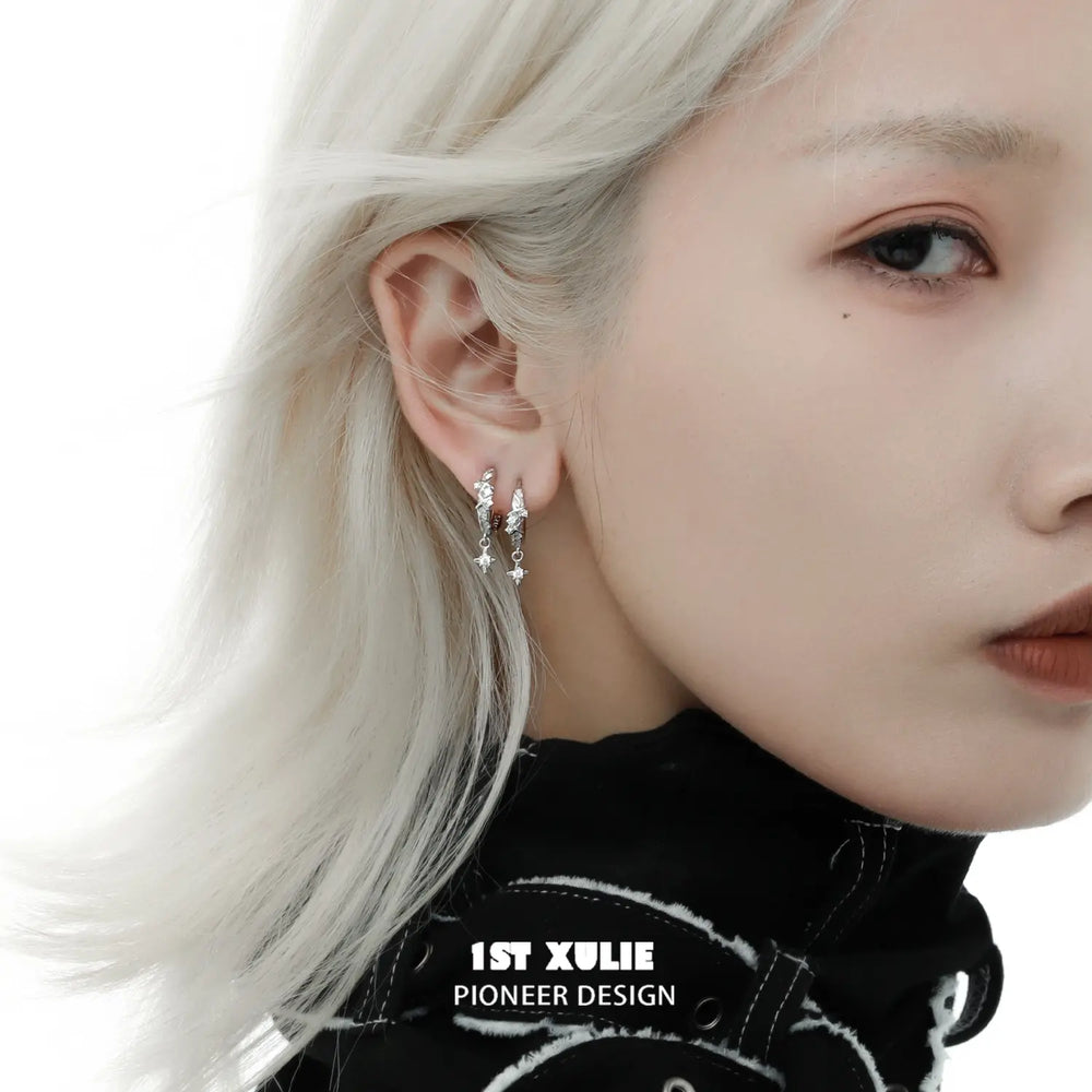 1ST XULIE "Silver Angel" Sparkling Angel Wing Huggie Hoops in 925 Sterling Silver - On Model