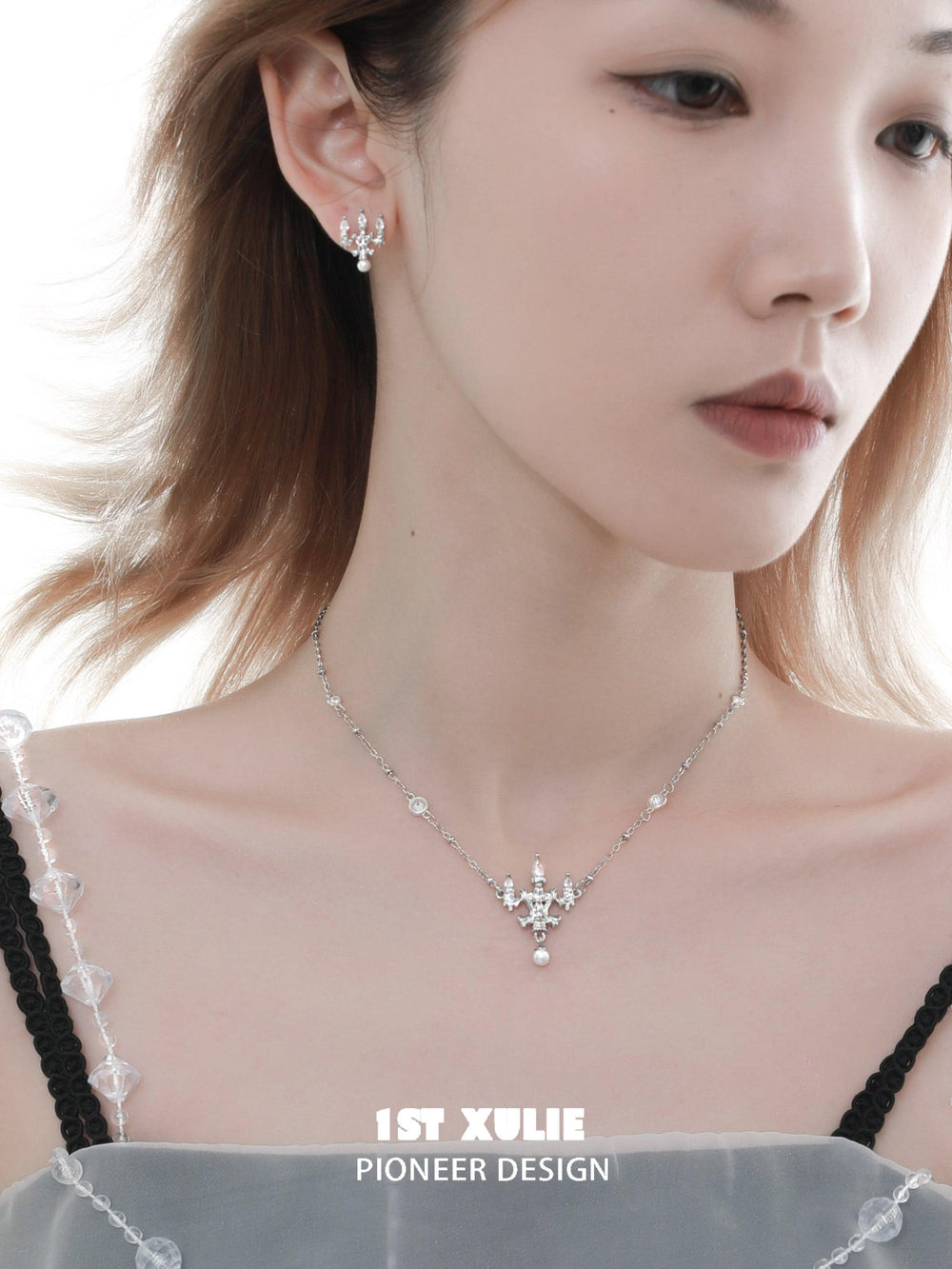1ST XULIE "Crystal Palace" Sparkling Crystal Chandelier Necklace in 925 Sterling Silver - Angle View