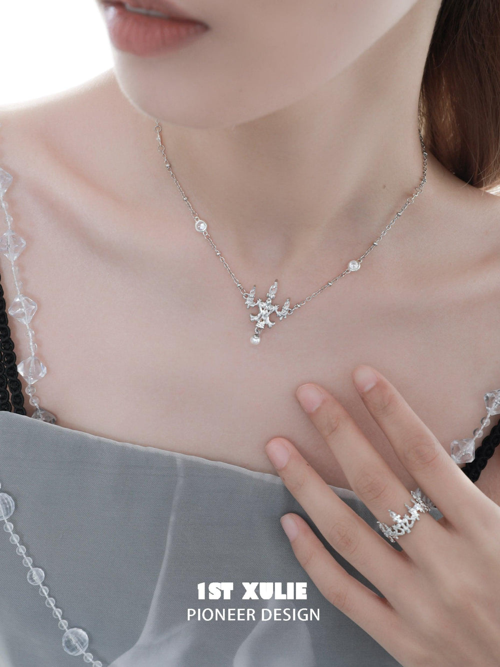 1ST XULIE "Crystal Palace" Sparkling Crystal Chandelier Necklace in 925 Sterling Silver - Product View