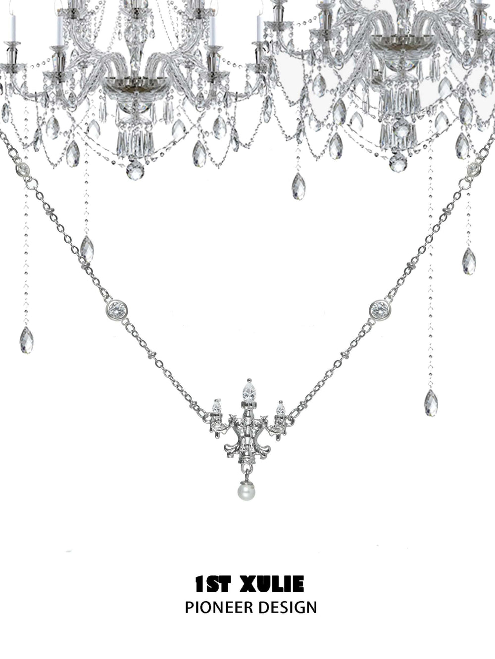 1ST XULIE "Crystal Palace" Sparkling Crystal Chandelier Necklace in 925 Sterling Silver - On Model