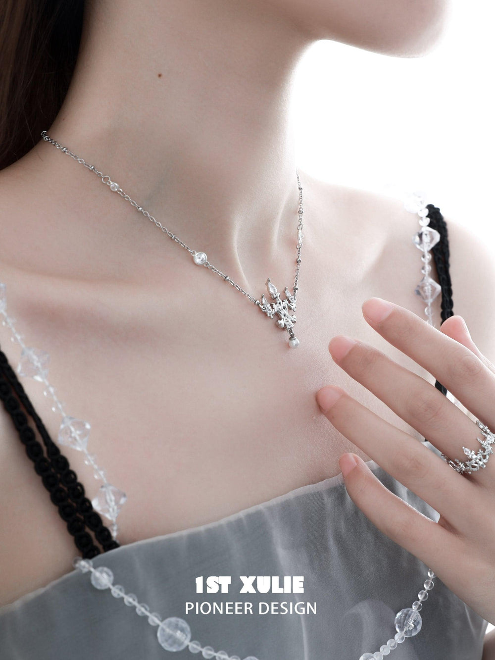 1ST XULIE "Crystal Palace" Sparkling Crystal Chandelier Necklace in 925 Sterling Silver - On Model Close-up
