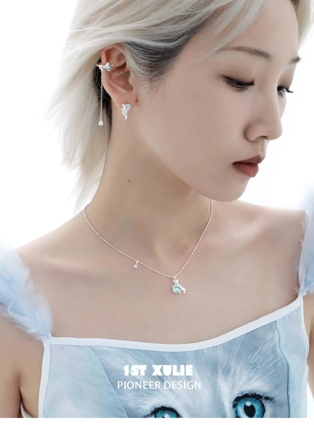 1ST XULIE "Lucky Cat" Sparkling Lucky Cat Dangle Ear Clips in 925 Sterling Silver - Side View