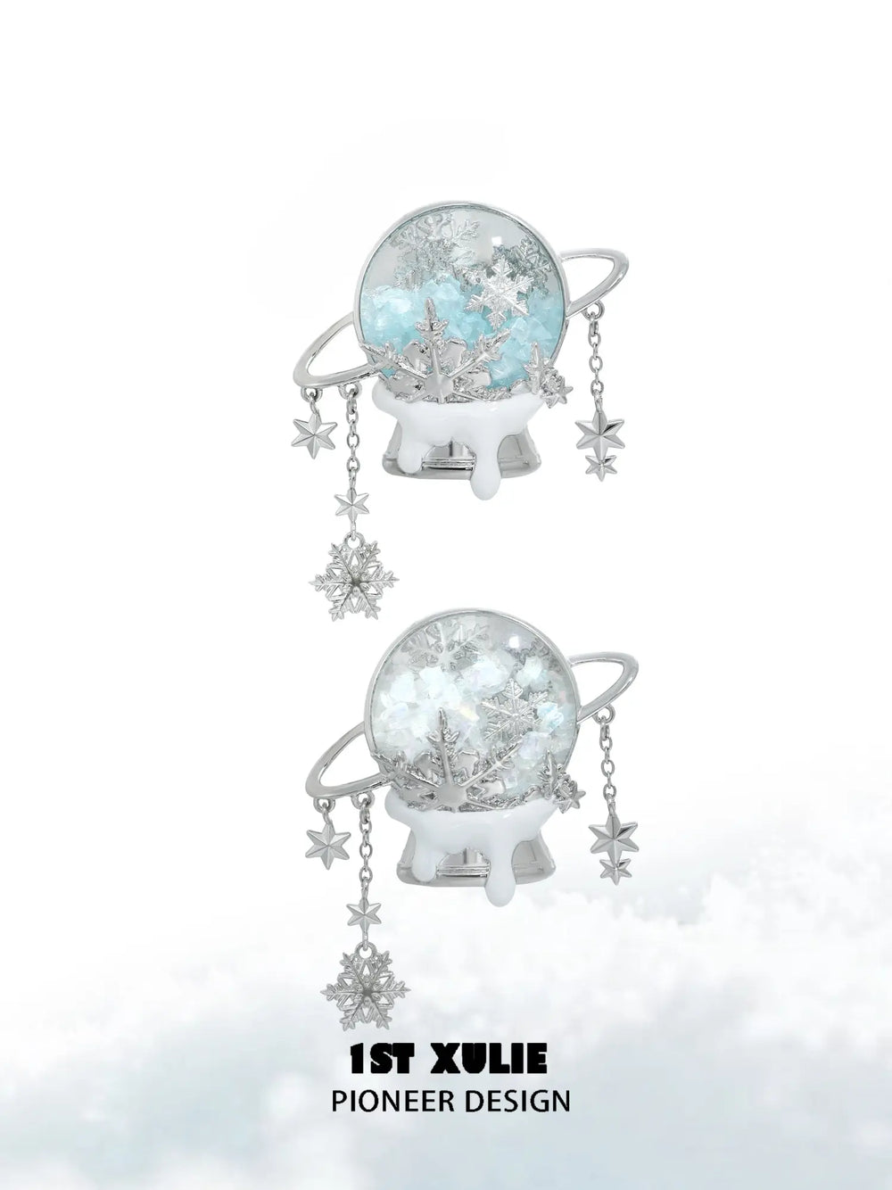1ST XULIE Jewelry "Snow Land" Sparkling Snowflake Crystal Ball Brooch in Platinum Plated - Angle View