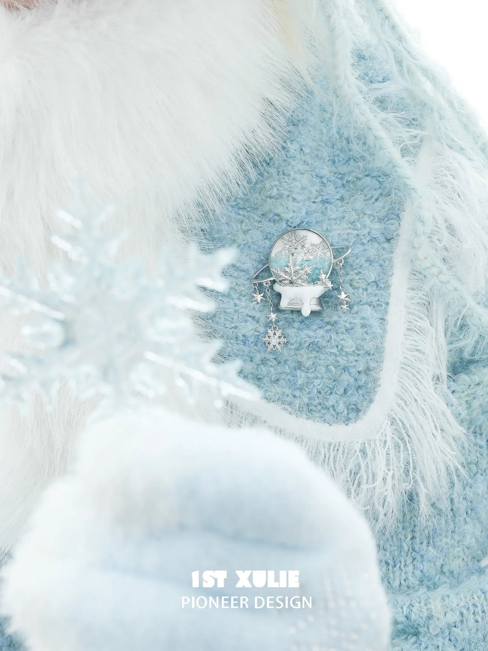 1ST XULIE Jewelry "Snow Land" Sparkling Snowflake Crystal Ball Brooch in Platinum Plated - On Model