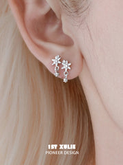 1ST XULIE Jewelry "Snow Land" Sparkling Snowflake Huggie & Stud Earrings in Platinum Plated - Angle View 1
