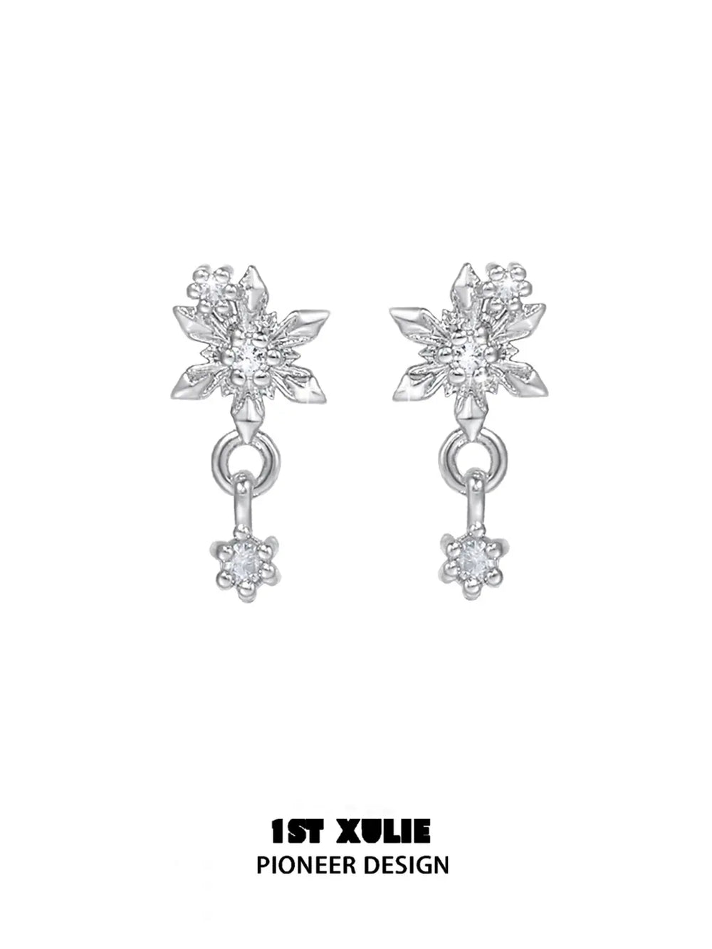 1ST XULIE Jewelry "Snow Land" Sparkling Snowflake Huggie & Stud Earrings in Platinum Plated - Packaging View