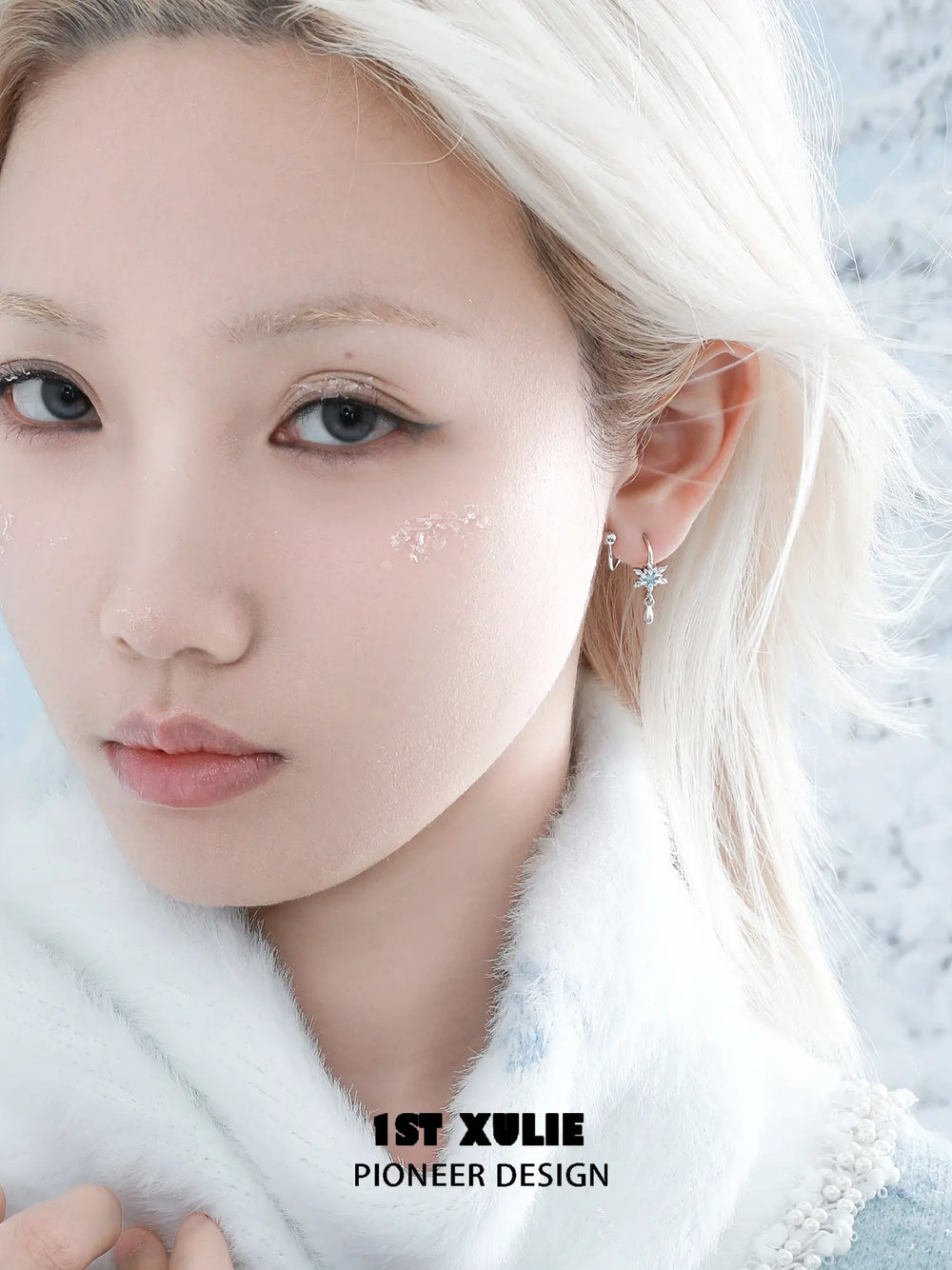 1ST XULIE "Snow Land" Sparkling Snowflake Stud Earrings in Platinum Plated - Detail Shot