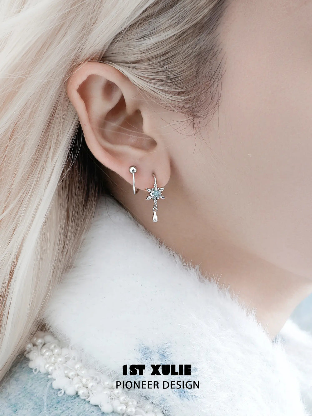 1ST XULIE "Snow Land" Sparkling Snowflake Stud Earrings in Platinum Plated - On Model
