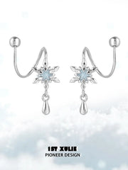 1ST XULIE "Snow Land" Sparkling Snowflake Stud Earrings in Platinum Plated - On Model Close Up