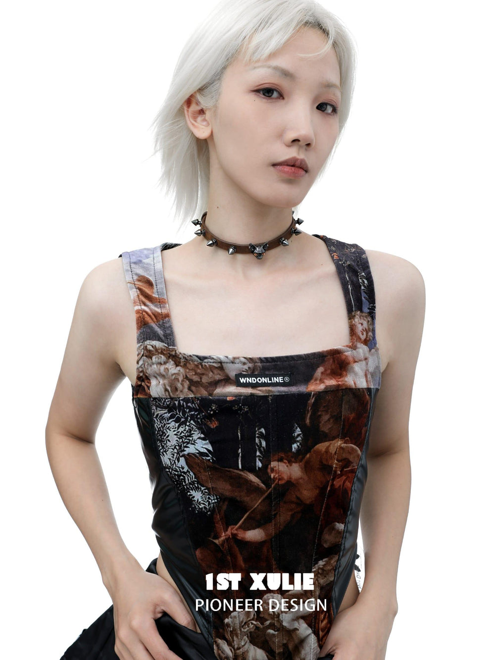 1ST XULIE "Cat's Gaze" Sphinx Cat Cowhide Studded Choker in Cowhide and Platinum Plated Alloy - Back View