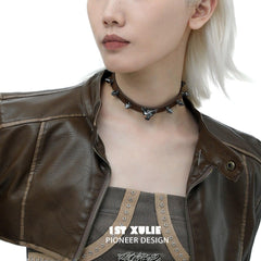 1ST XULIE "Cat's Gaze" Sphinx Cat Cowhide Studded Choker in Cowhide and Platinum Plated Alloy - Detail Shot
