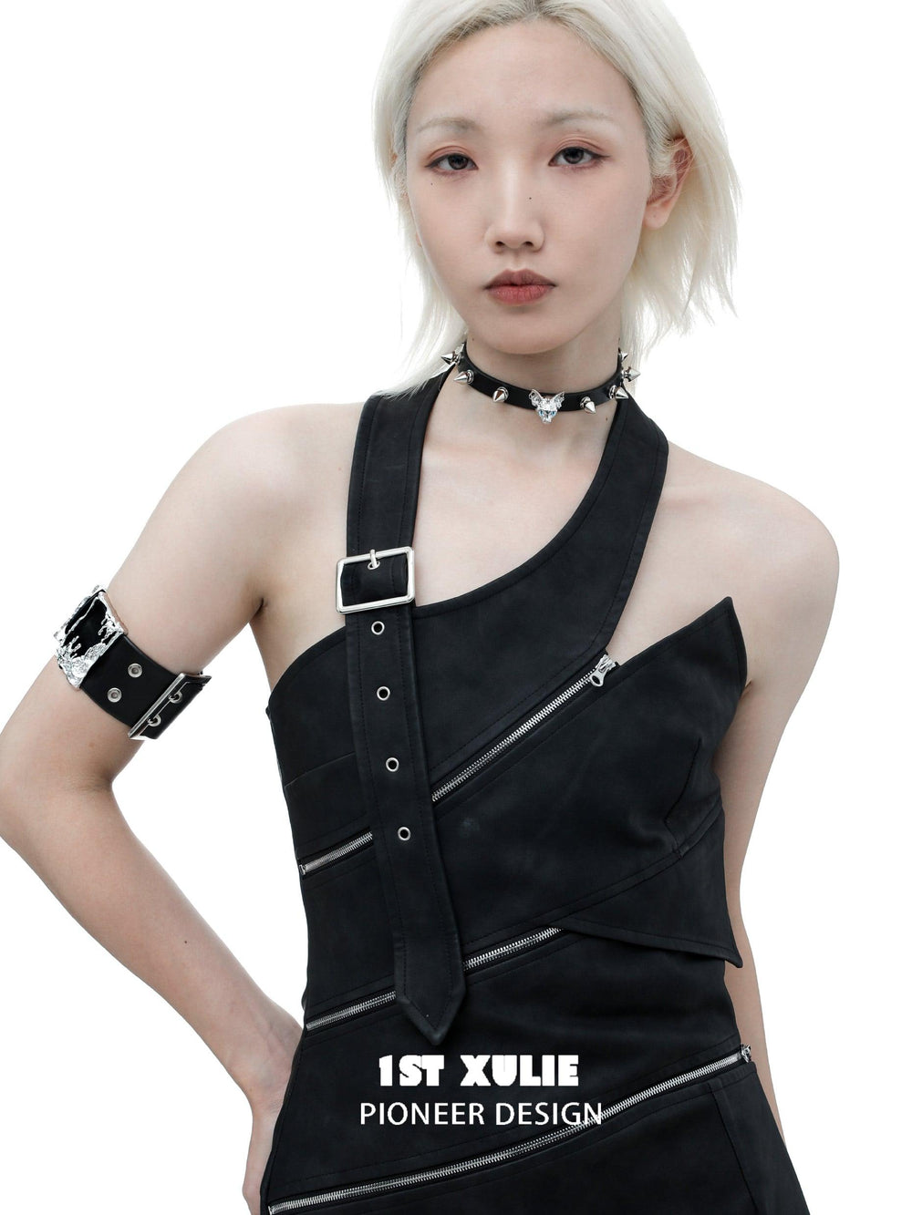 1ST XULIE "Cat's Gaze" Sphinx Cat Cowhide Studded Choker in Cowhide and Platinum Plated Alloy - Lifestyle Shot