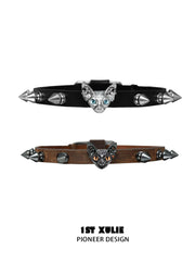 1ST XULIE "Cat's Gaze" Sphinx Cat Cowhide Studded Choker in Cowhide and Platinum Plated Alloy - Product View