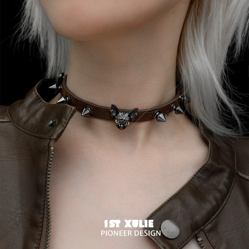 1ST XULIE "Cat's Gaze" Sphinx Cat Cowhide Studded Choker in Cowhide and Platinum Plated Alloy - On Model