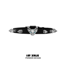1ST XULIE "Cat's Gaze" Sphinx Cat Cowhide Studded Choker in Cowhide and Platinum Plated Alloy - On Model Close-Up