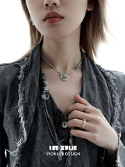 1ST XULIE "Stone Age" Spotted Stone Statement Choker Necklace in 925 Sterling Silver - Back View