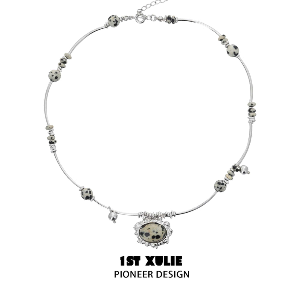1ST XULIE "Stone Age" Spotted Stone Statement Choker Necklace in 925 Sterling Silver - Product View