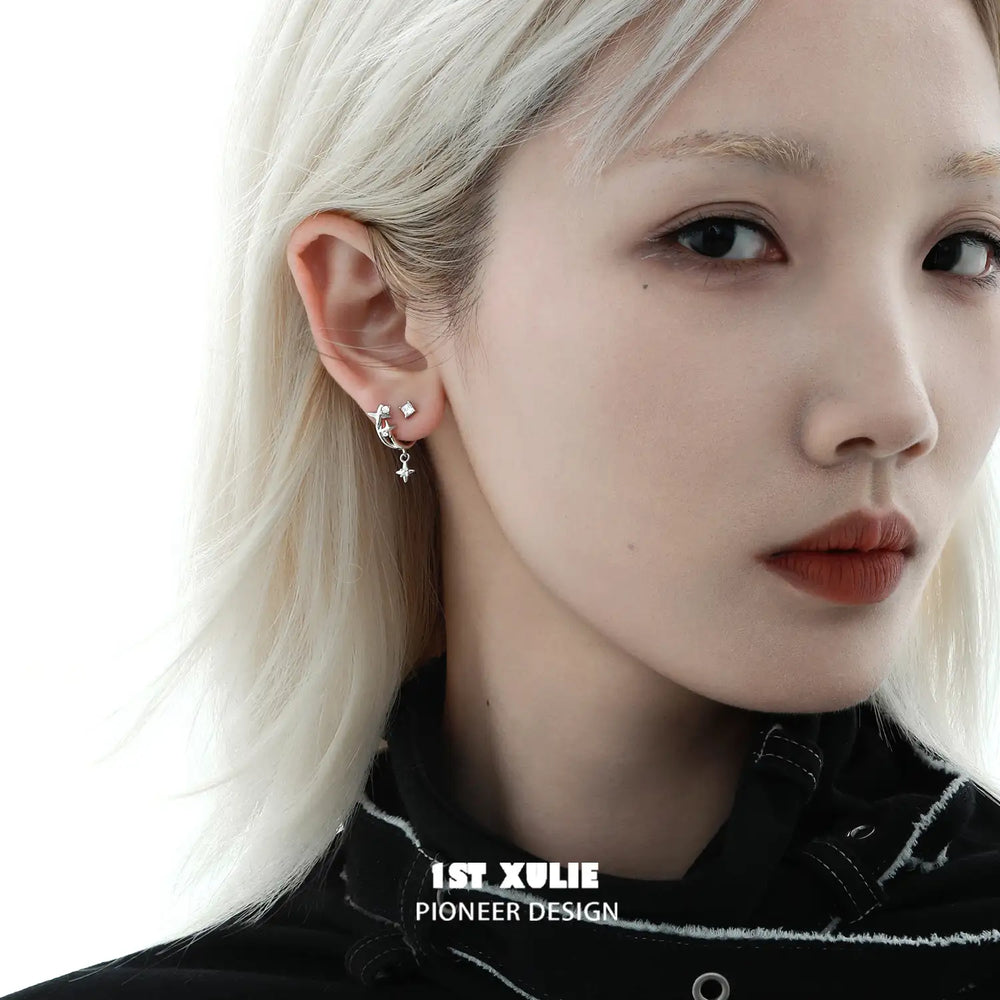 1ST XULIE "Star Trails" Detachable Four-Pointed Star Dangle Stud Earrings in 925 Sterling Silver - Angled Product View