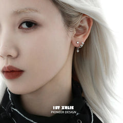 1ST XULIE "Star Trails" Detachable Four-Pointed Star Dangle Stud Earrings in 925 Sterling Silver - Lifestyle Shot