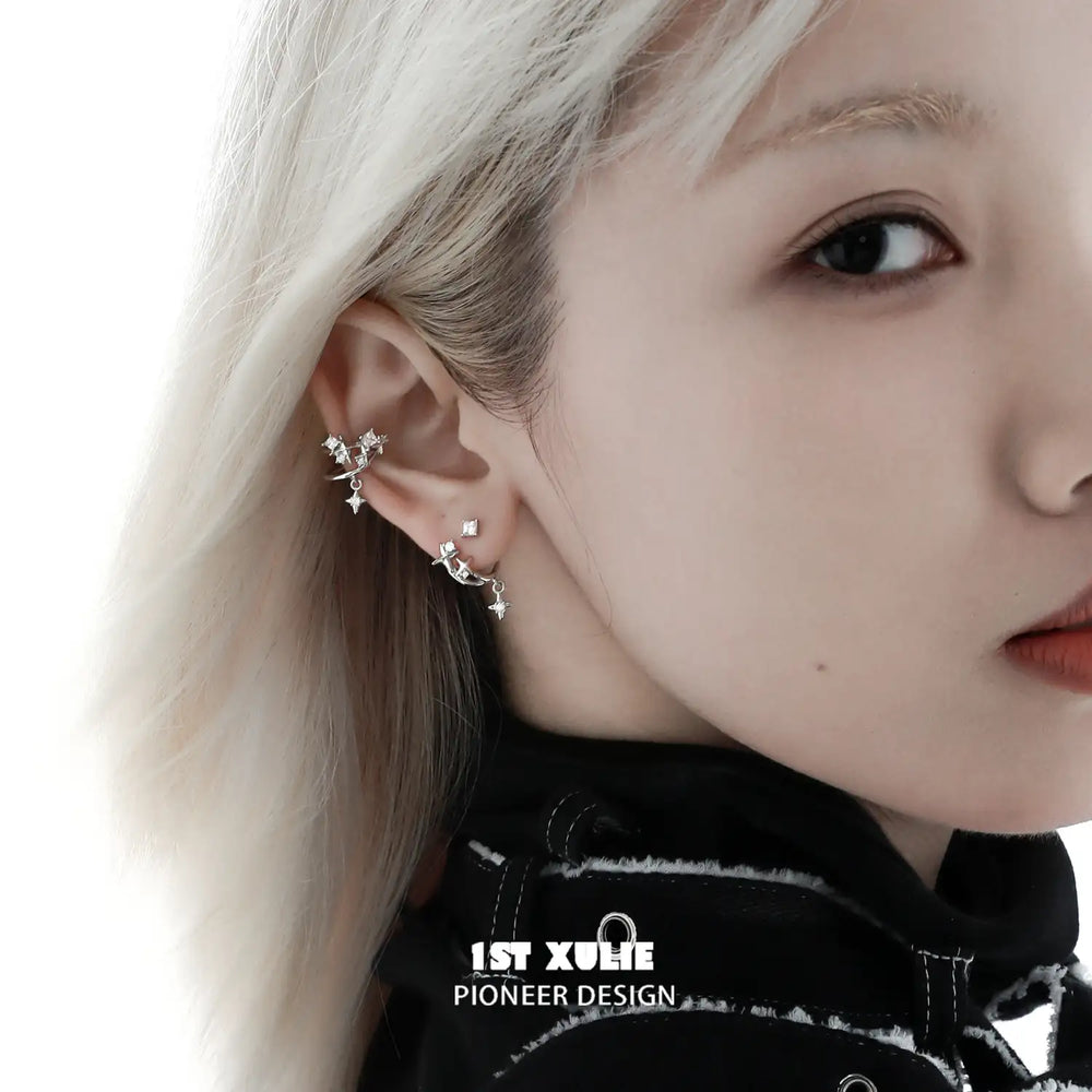 1ST XULIE "Star Trails" Detachable Four-Pointed Star Dangle Stud Earrings in 925 Sterling Silver - On Model Close-Up