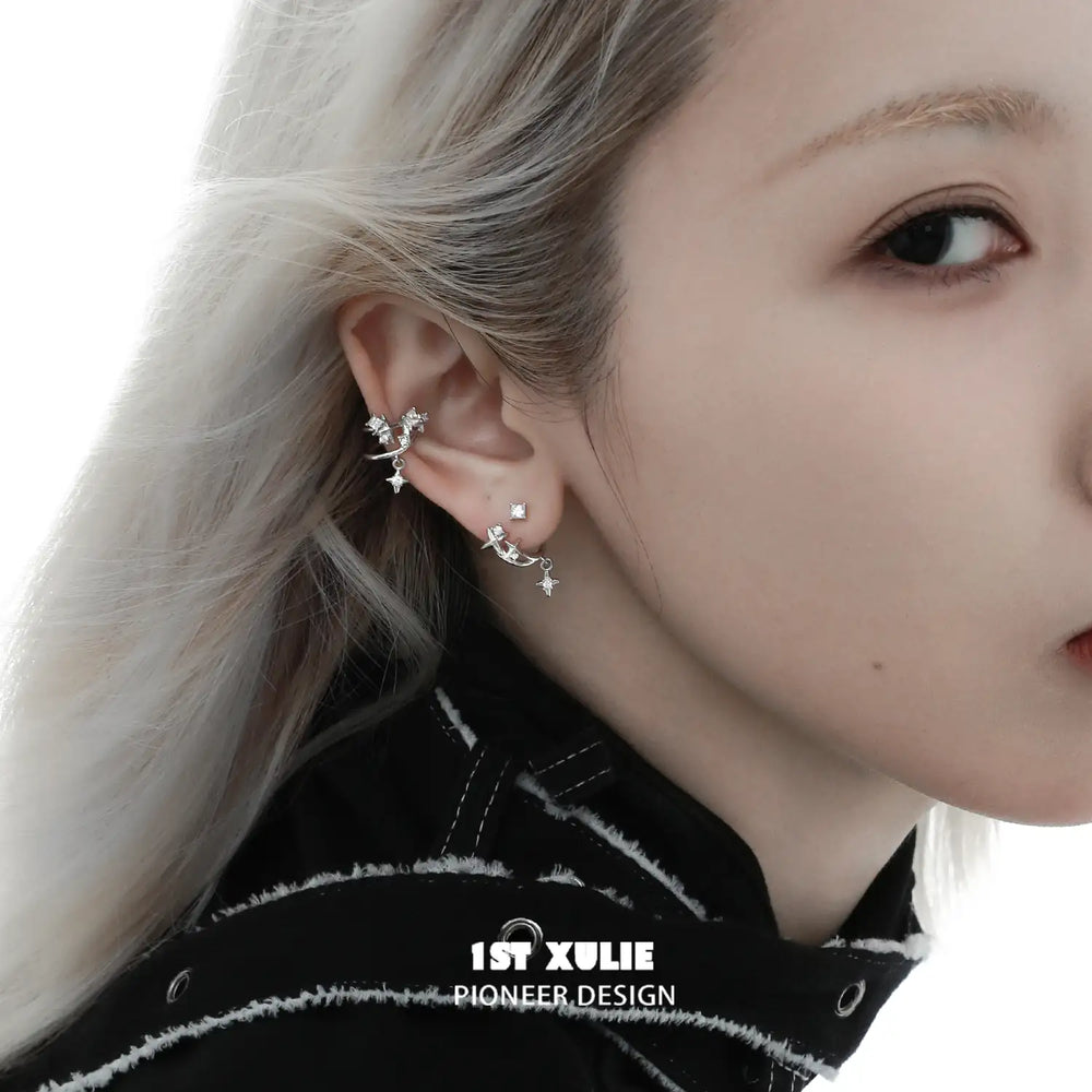 1ST XULIE "Star Trails" Detachable Four-Pointed Star Dangle Stud Earrings in 925 Sterling Silver - Side View