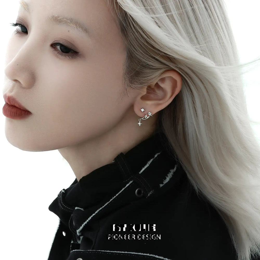 1ST XULIE "Star Trails" Detachable Four-Pointed Star Dangle Stud Earrings in 925 Sterling Silver - Texture Detail