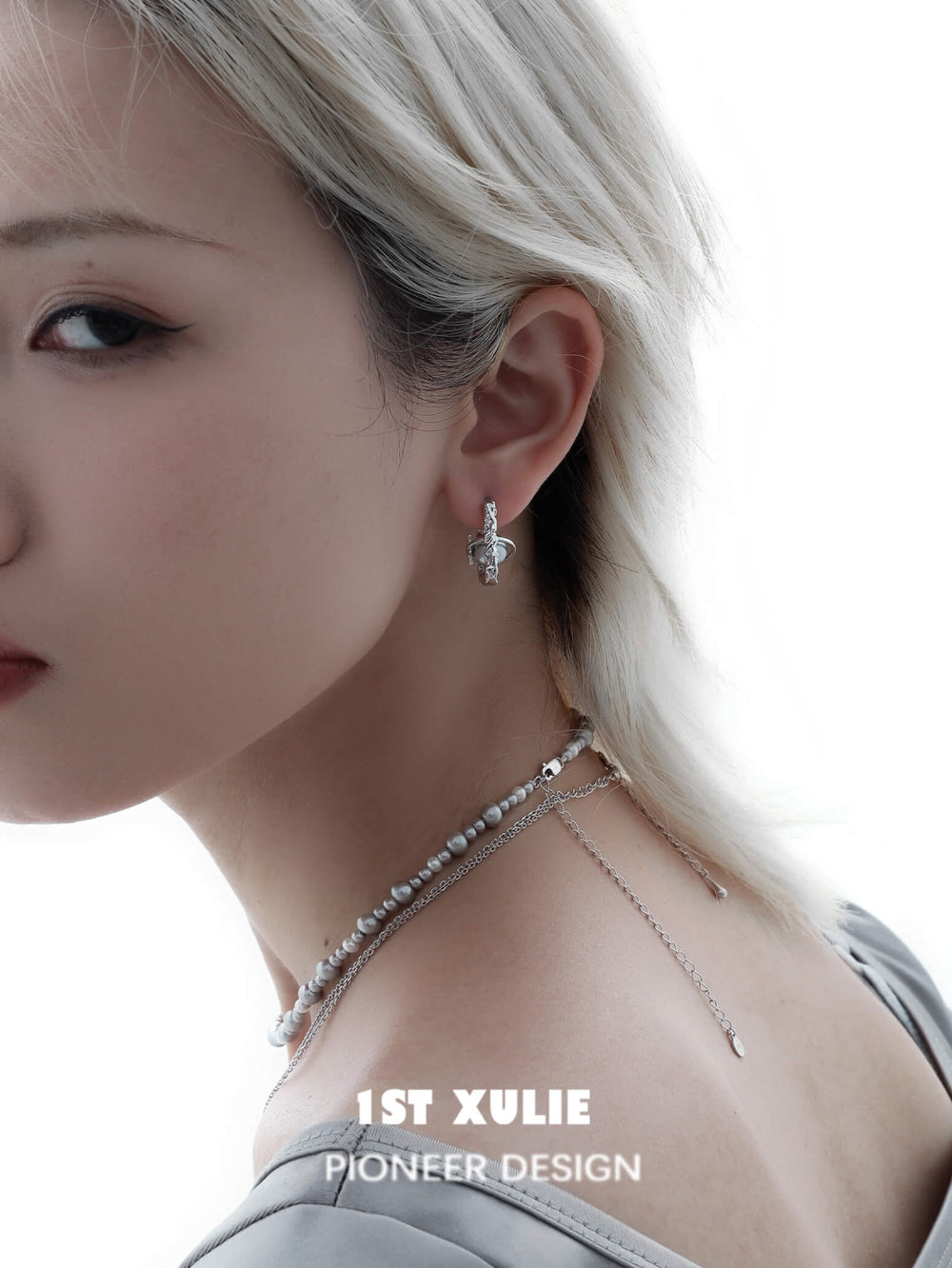 1ST XULIE "Silver Angel" Celestial Star & Gray Pearl Dangle Stud Earrings in Rhodium Plated Brass - Angle View