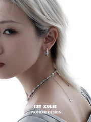 1ST XULIE "Silver Angel" Celestial Star & Gray Pearl Dangle Stud Earrings in Rhodium Plated Brass - Angle View