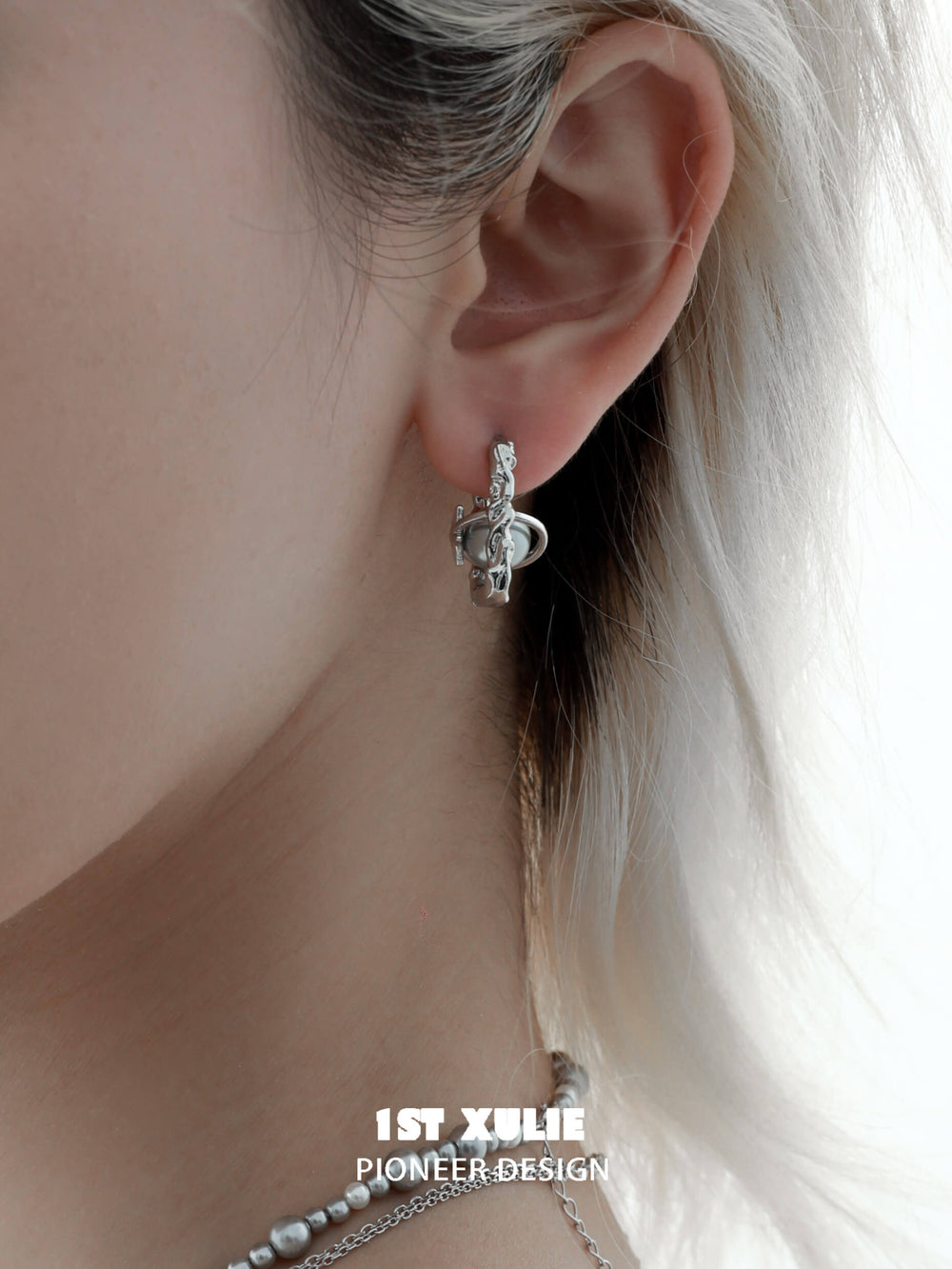 1ST XULIE "Silver Angel" Celestial Star & Gray Pearl Dangle Stud Earrings in Rhodium Plated Brass - Detail Shot