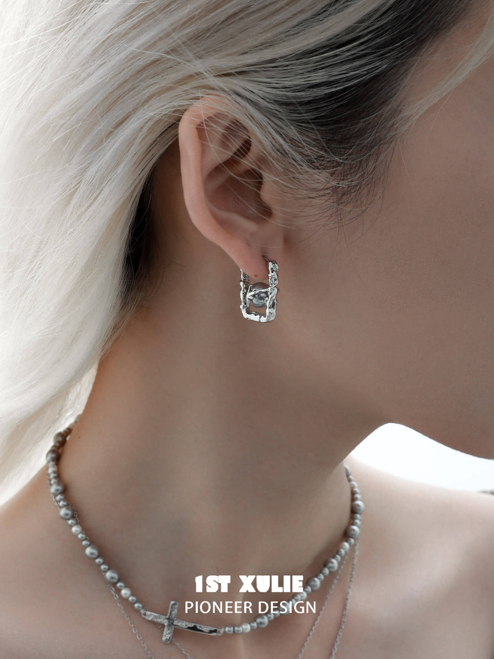 1ST XULIE "Silver Angel" Celestial Star & Gray Pearl Dangle Stud Earrings in Rhodium Plated Brass - Product View