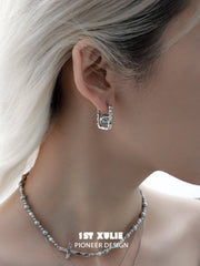 1ST XULIE "Silver Angel" Celestial Star & Gray Pearl Dangle Stud Earrings in Rhodium Plated Brass - Product View