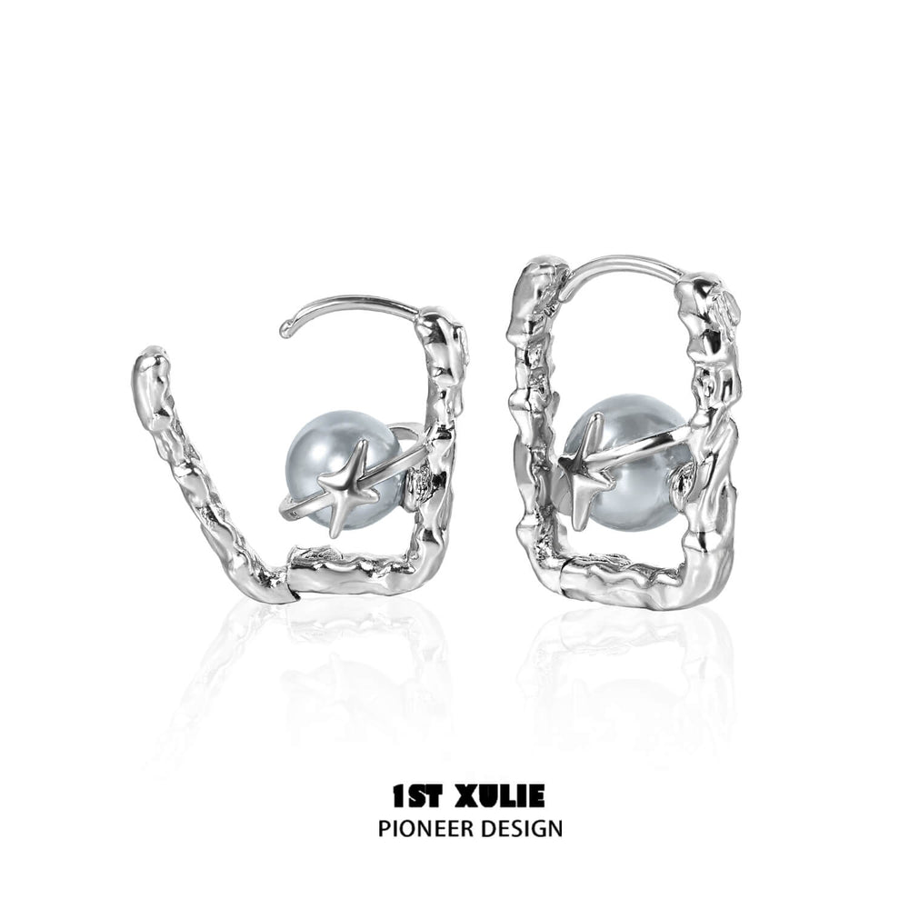 1ST XULIE "Silver Angel" Celestial Star & Gray Pearl Dangle Stud Earrings in Rhodium Plated Brass - On Model