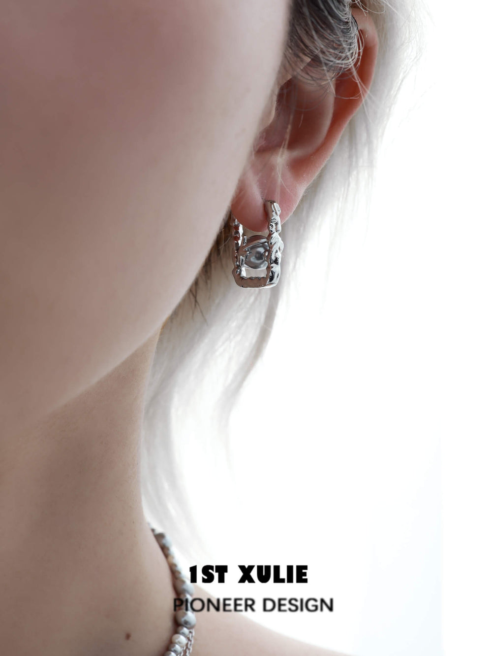 1ST XULIE "Silver Angel" Celestial Star & Gray Pearl Dangle Stud Earrings in Rhodium Plated Brass - Side View
