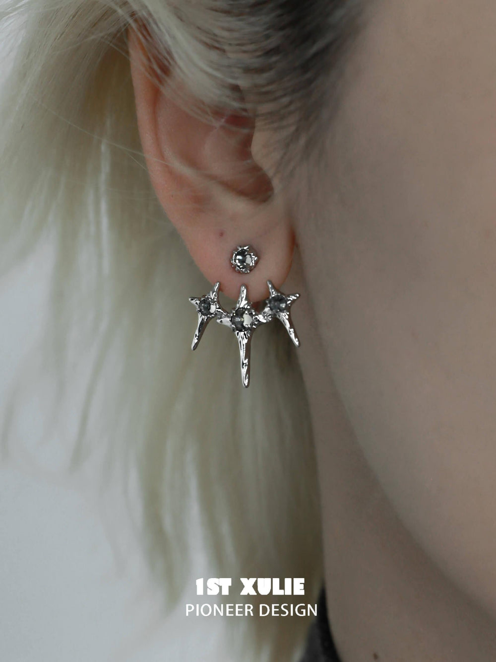 1ST XULIE "Star Trails" Convertible Moissanite Star Trail Stud Earrings in Platinum Plated - Product View