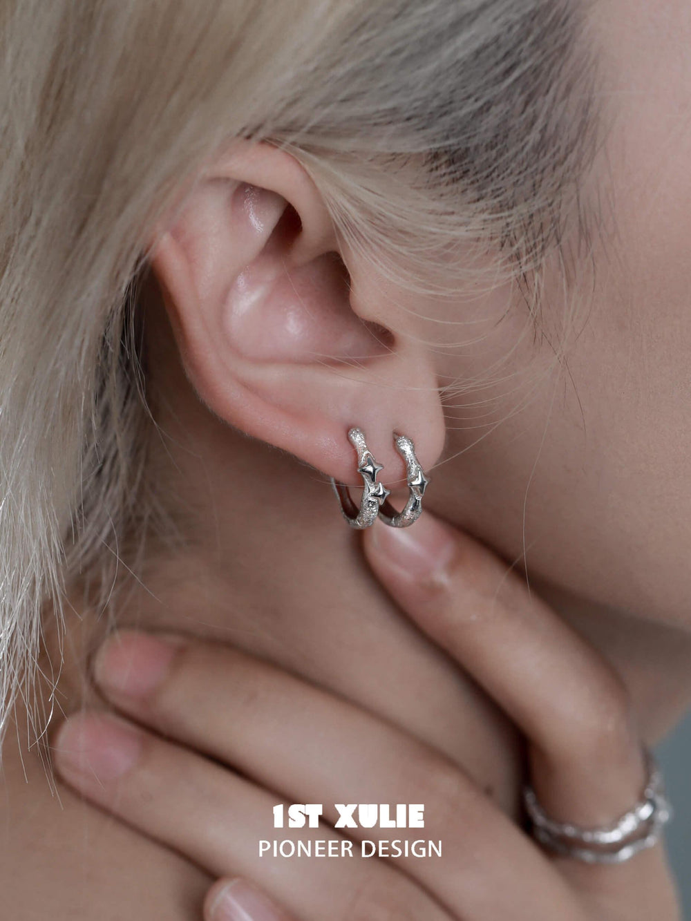 1ST XULIE "Star Trails" Minimalist Huggie Hoop Earrings in 925 Sterling Silver - On Model Close-up