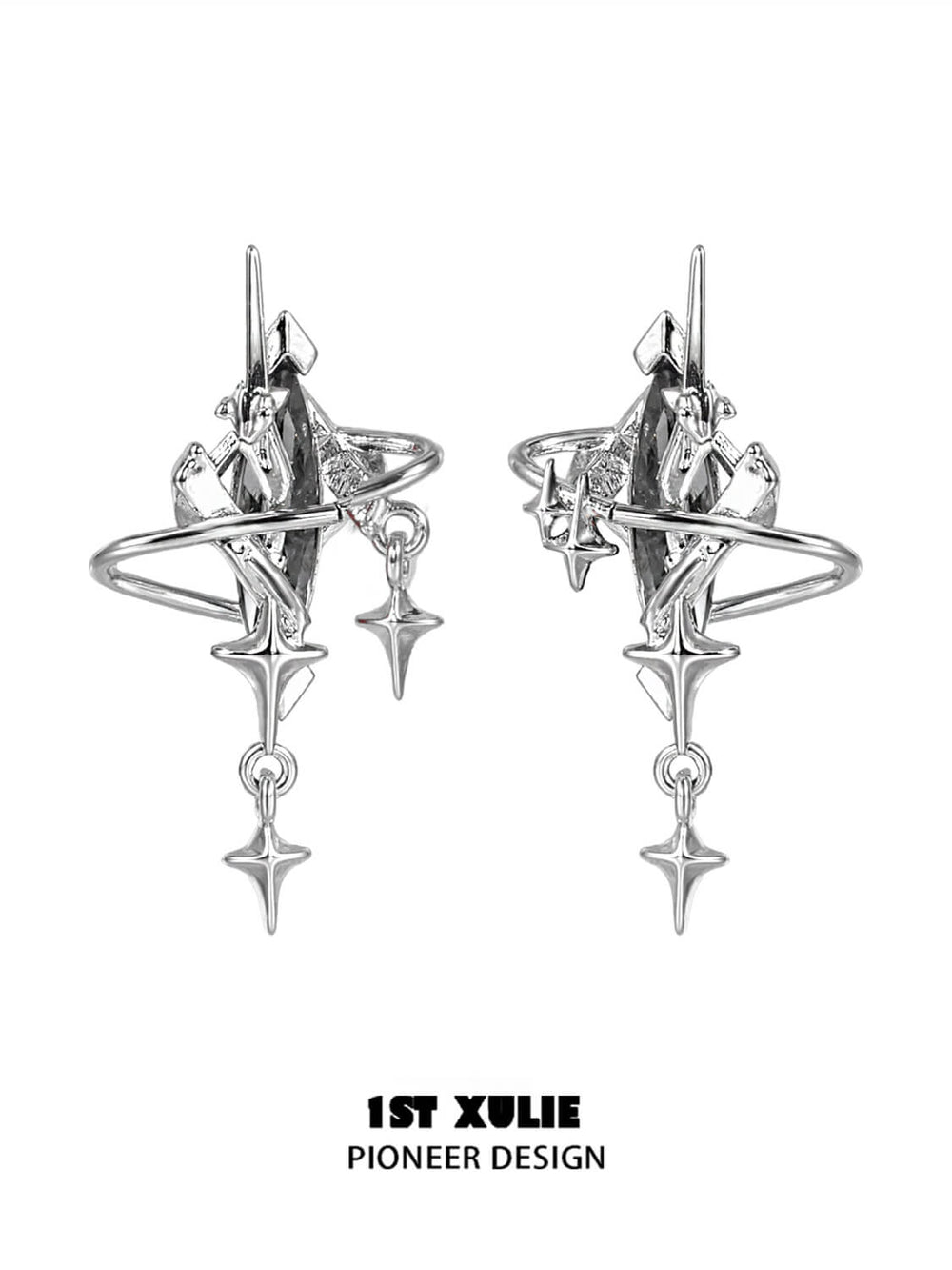 1ST XULIE "Star Trails" Moissanite Dangle Earrings in Platinum - On Model Close Up