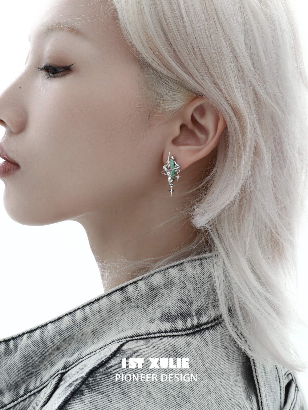 1ST XULIE "Star Trails" Moissanite Dangle Earrings in Platinum - Side View