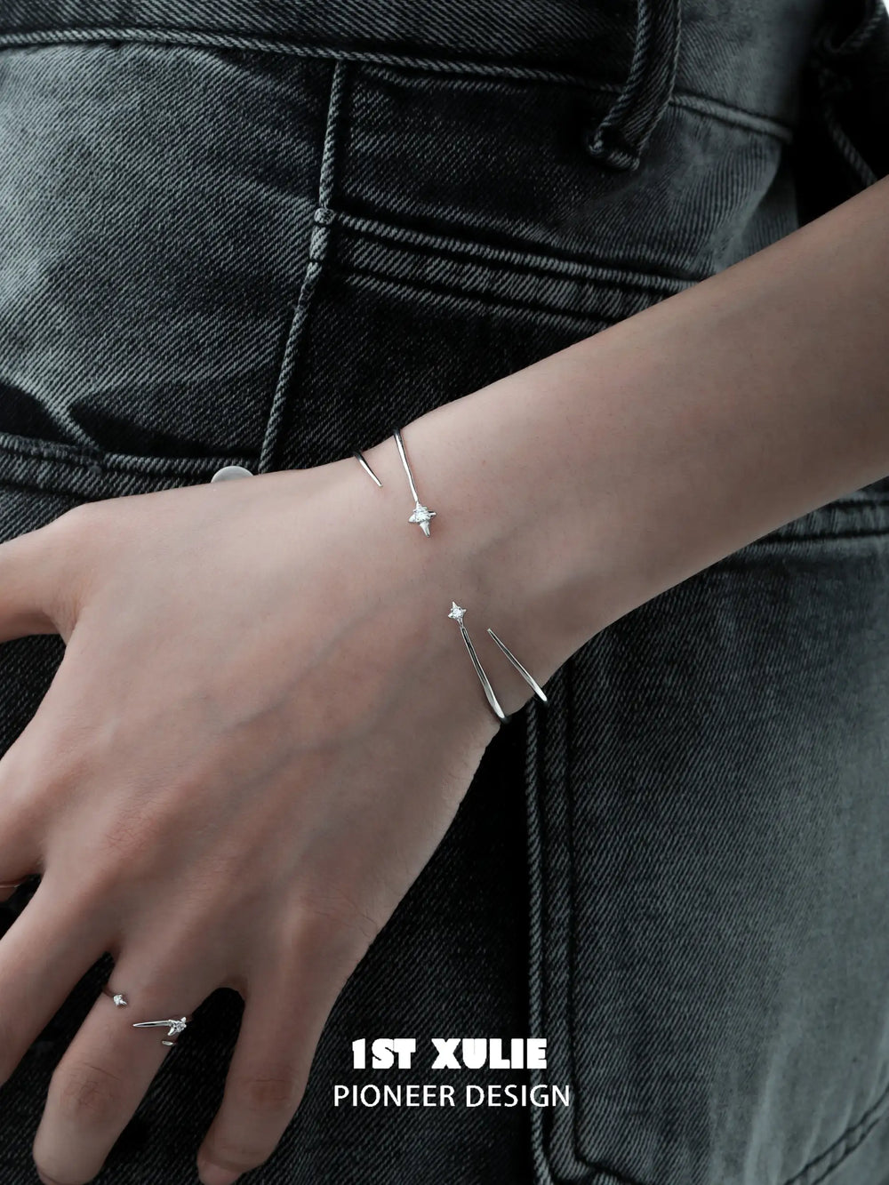 1ST XULIE "Star Trails" Celestial Four-Pointed Star Open Cuff Bangle in 925 Sterling Silver - Side View