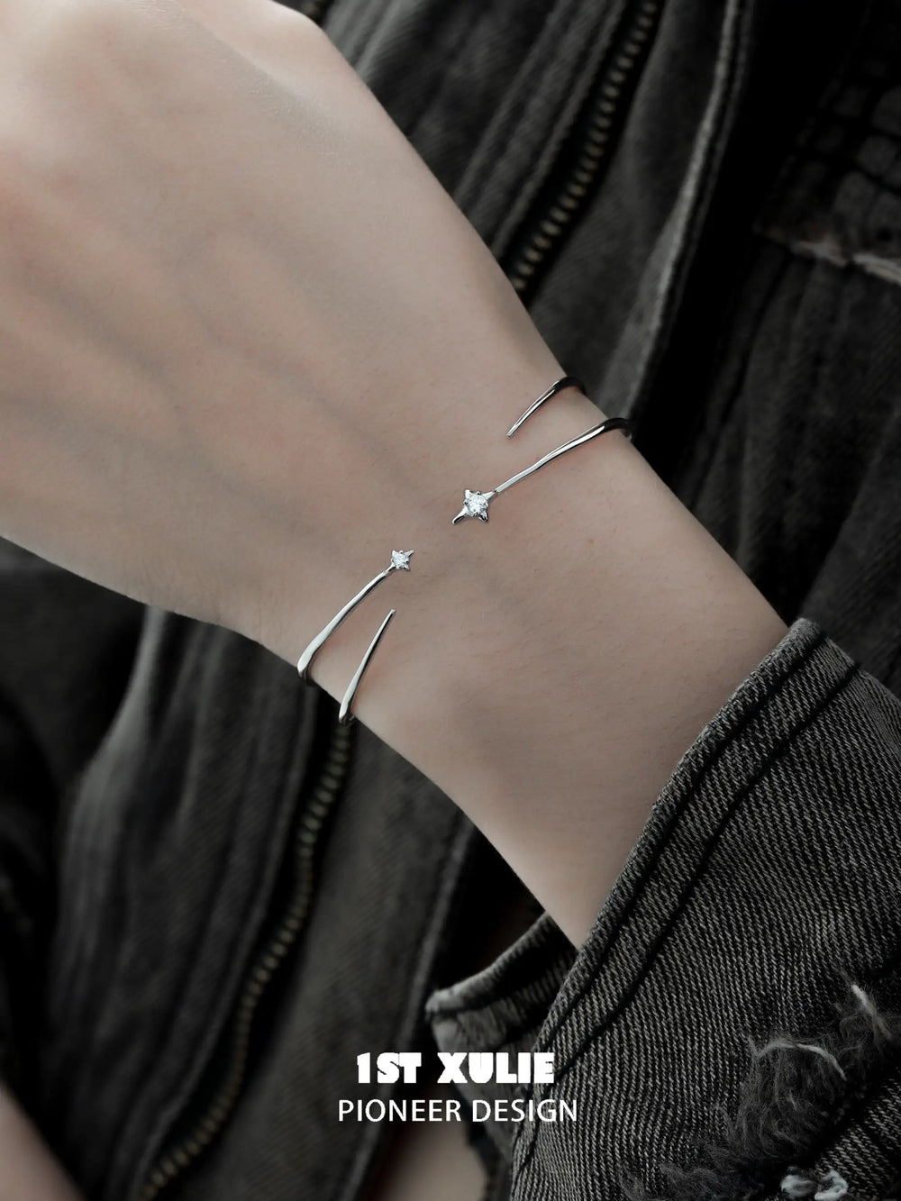 1ST XULIE "Star Trails" Celestial Four-Pointed Star Open Cuff Bangle in 925 Sterling Silver - Lifestyle Shot